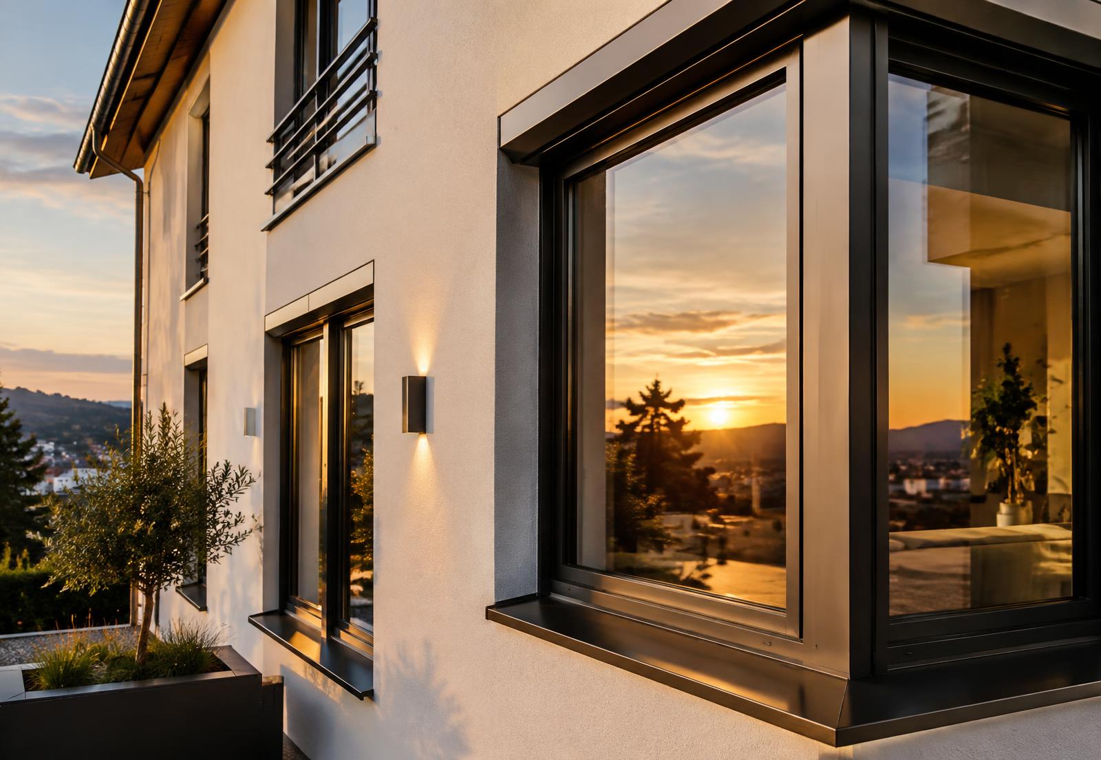 Moderne Fenster an einer Hausfassade im warmen Licht
